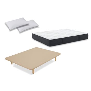 Colchón Flex Urban Visco 135x182 Con Base Tapizada Beige Patas Haya Y 2 Almohadas Hipoalergénicas