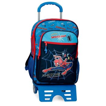 Mochila Escolar Spiderman Totally Awesome 42cm Dos Compartimentos Con Carro