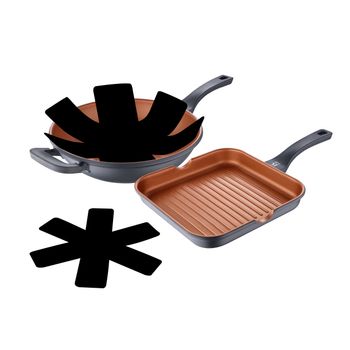 Set De Wok 32 Cm+sartén Grill28 Cm +2 Protectores San Ignacio Bronze