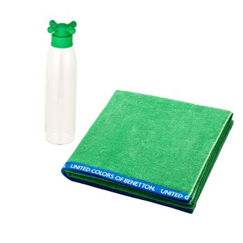 Set Toalla Playa 90x160cm 100% Algodón + Botella 500ml Borosilicato Verde Benetton