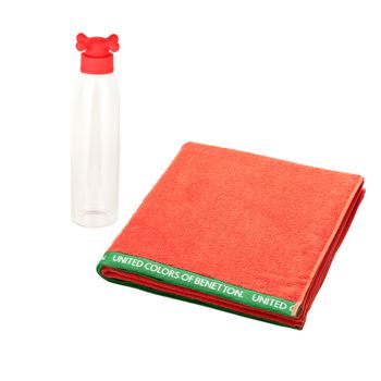 Set Toalla Playa 90x160cm 100% Algodón + Botella 500ml Borosilicato Rojo Benetton