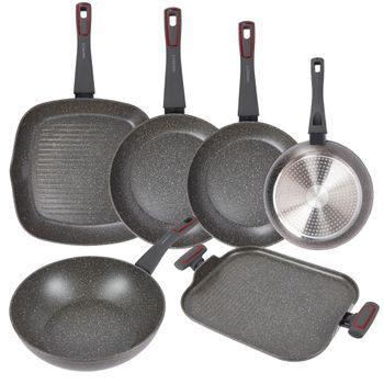 Set 4 Sartenes Ø20/24/28/30 + Asador Ø28 + Wok Ø28 + Parrilla 35cm Aluminio 3 Claveles