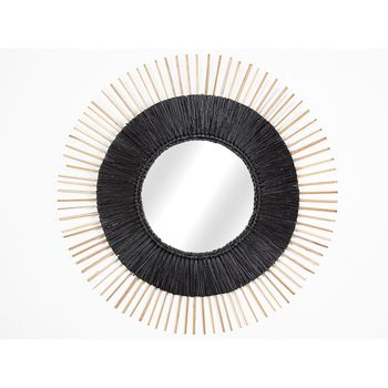 Espejo De Pared Romimex Negro Natural Fibra Vegetal 70 X 70 X 3 Cm Redondo