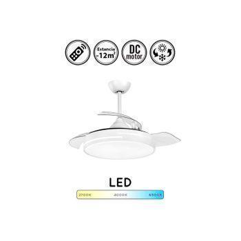 Lampara ventilador techo pequeño luz led 48W 5950 Lm silencioso moderno  Niquel aspas retractiles motor DC luz y memoria Calima S