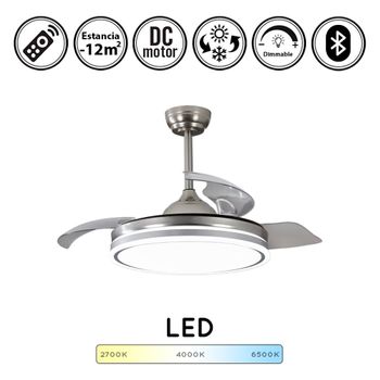 Lampara Ventilador Techo Pequeño Luz Led 30w 4200 Lm Silencioso Moderno Niquel Aspas Retractiles Motor Dc Retráctil Plus Mini