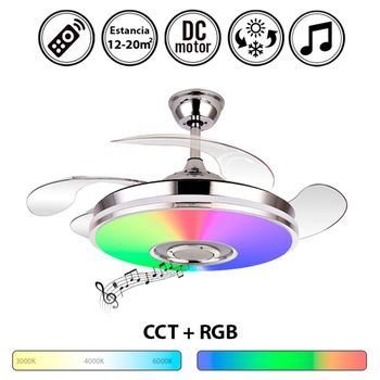 Lámpara Ventilador De Techo Dc Cromo Rgb Bluetooth Altavoz Noto 72w 6117 Lm  3000-4000-6000 K