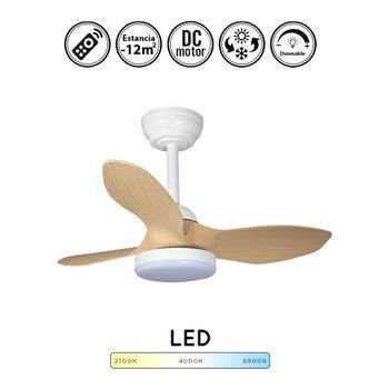 Ventilador De Techo Pequeño Stel Mini Blanco Aspas Madera | Ventilador Techo Luz Regulable 20w 1900lm Dimable | Ventilador Dc