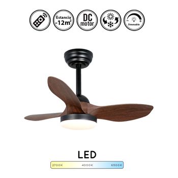 Ventilador De Techo Pequeño Stel Mini Negro Aspas Madera | Ventilador Techo Con Luz Regulable 20w 1900lm Dimable | Ventilador Dc