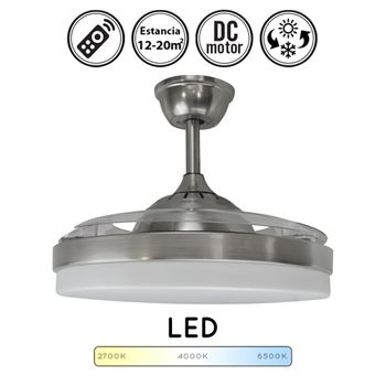 Ventilador De Techo Plafón Led Tahiti Dc Níquel 3 Aspas Retráctiles 72w 3600lm Mando Incluido 6 Velocidades