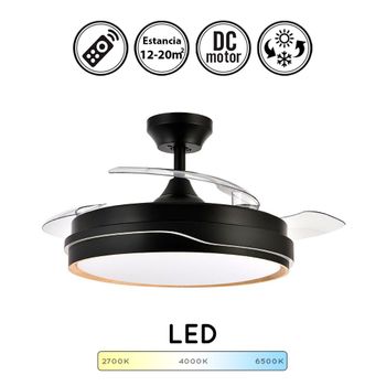 Lampara Ventilador De Techo Tempano Negro Y Madera Con Luz 72w 7200lm | Ventilador Techo Dc Aspas Retractiles 107 Cm Diámetro