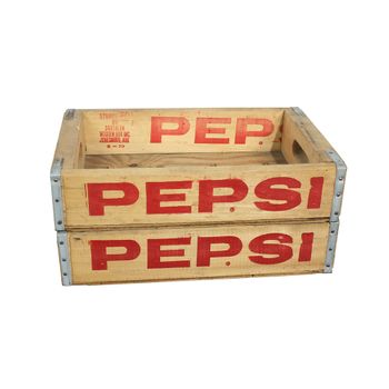 Set X 2 Caja En Madera Pepsi Vintage Auténtica Años 80 - Madera Natural Y Logo Rojo 47x31x12cm ;