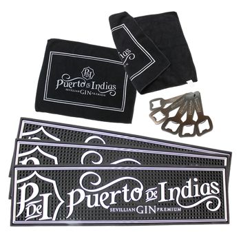 Pack Puerto De Indias 2 Toallas De Mano Negro 43x32cm - 5 Abridor De Botellas Plata 10,5x4cm - 3 Almohadilla Posa Copas-vasos 61x1x16,5cm - Puerto De Indias - Spazioluzio ;