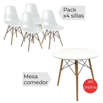 Conjunto Mesa 4 Patas Blanca 80x80x76cm + 4 Sillas Nórdica Polipropileno Color Blanco Y Patas En Madera Haya 46,5 X 48 X 82 Cm Comedor Oficina Salón Teletrabajo Cocina – Spazioluzio