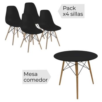 Conjunto Mesa 4 Patas Negra 80x80x76cm + 4 Sillas Nórdica Polipropileno Color Negro Y Patas En Madera Haya 46,5 X 48 X 82 Cm Comedor Oficina Salón Teletrabajo Cocina – Spazioluzio