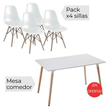 Conjunto Mesa 120x80x76cm + 4 Sillas Nórdica Polipropileno Color Blanco Y Patas En Madera Haya 46,5 X 48 X 82 Cm Comedor Oficina Salón Teletrabajo Cocina – Spazioluzio