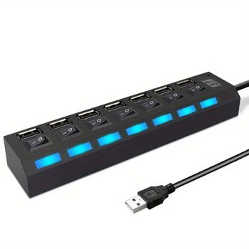 Regleta Hub 7 Puertos Led, Adaptador Usb 2.0 Alta Velocidad Interruptor Color Negro - Spazioluzio