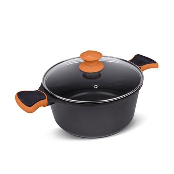 Cacerola Aluminio Fundido Antiadherente Con Tapa De Cristal Y Asas De Silicona De 24 Cm La Moustache Negro Y Naranja