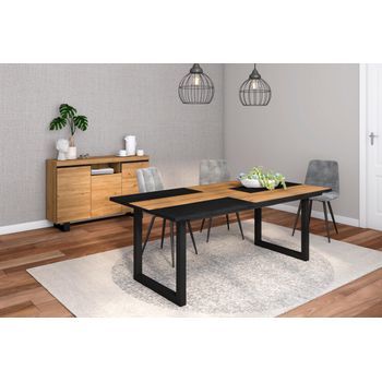 Conjunto Muebles Salon | Mesa 200 Bicolor Patas U 10 Comensales | Aparador / Buffet 140 Tall | Roble Y Negro | Estilo Industrial