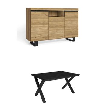 Conjunto Muebles Salon | Mesa 140 Negro Patas X 6 Comensales | Aparador / Buffet 140 Tall | Roble Y Negro | Estilo Industrial