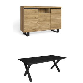 Conjunto Muebles Salon | Mesa 200 Negro Patas X 10 Comensales | Aparador / Buffet 140 Tall | Roble Y Negro | Estilo Industrial