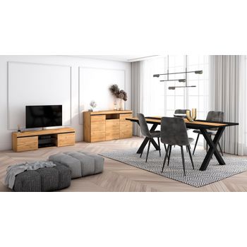 Conjunto Muebles Salon | Mesa 200 Bicolor Patas X 10 Comensales | Mueble Tv 140 | Aparador / Buffet 140 | Roble Y Negro | Estilo Industrial