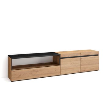 Mueble Tv, Televisión, Muebles De Salón, Almacenaje, 200x45x35cm, Para Tv Hasta 80", Con Almacenamiento, Estilo Moderno, Roble Y Negro