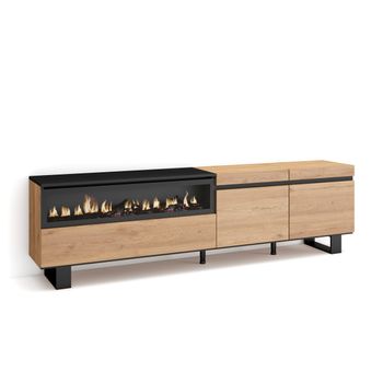 Mueble Tv | Televisión | Muebles De Salón, Almacenaje | 200x57x35cm | Para Tv Hasta 80" | Chimenea Eléctrica | Diseño Industrial | Estilo Moderno | Roble Y Negro