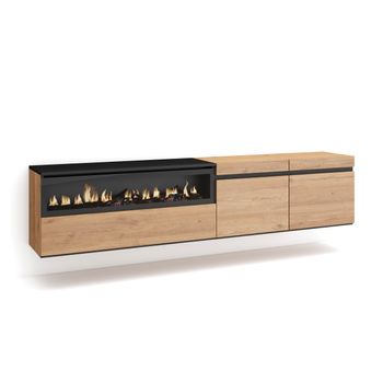 Mueble Tv, Televisión, Muebles De Salón, Almacenaje, 200x45x35cm, Para Tv Hasta 80", Chimenea Eléctrica, Colgado, Suspendido, Estilo Moderno, Roble Y Negro