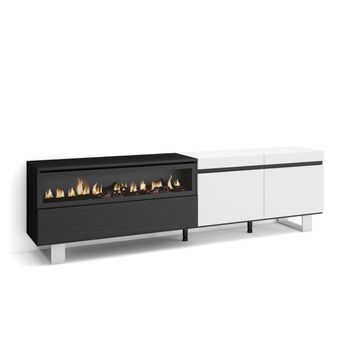 Mueble Tv, Televisión, Muebles De Salón, Almacenaje, 200x57x35cm, Para Tv Hasta 80", Chimenea Eléctrica, Diseño Industrial, Estilo Moderno, Blanco Y Negro