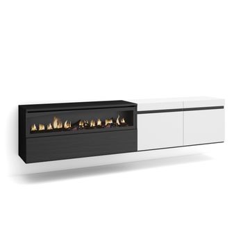 Mueble Tv | Televisión | Muebles De Salón, Almacenaje | 200x45x35cm | Para Tv Hasta 80" | Chimenea Eléctrica | Colgado, Suspendido | Estilo Moderno | Blanco Y Negro