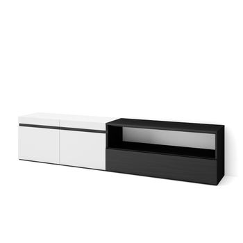 Mueble Tv, Televisión, Muebles De Salón, Almacenaje, 200x45x35cm, Para Tv Hasta 80", Con Almacenamiento, Estilo Moderno, Blanco Y Negro