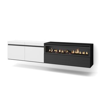 Mueble Tv, Televisión, Muebles De Salón, Almacenaje, 200x45x35cm, Para Tv Hasta 80", Chimenea Eléctrica, Colgado, Suspendido, Estilo Moderno, Blanco Y Negro