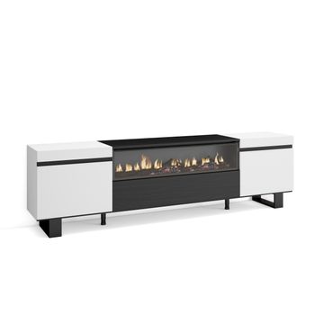 Mueble Tv | Televisión | Muebles De Salón, Almacenaje | 200x57x35cm | Para Tv Hasta 80" | Chimenea Eléctrica | Diseño Industrial | Estilo Moderno | Blanco Y Negro