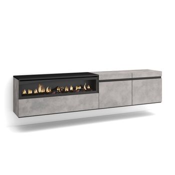 Mueble Tv, Televisión, Muebles De Salón, Almacenaje, 200x45x35cm, Para Tv Hasta 80", Chimenea Eléctrica, Colgado, Suspendido, Estilo Moderno, Cemento