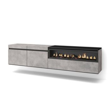 Mueble Tv, Televisión, Muebles De Salón, Almacenaje, 200x45x35cm, Para Tv Hasta 80", Chimenea Eléctrica, Colgado, Suspendido, Estilo Moderno, Cemento