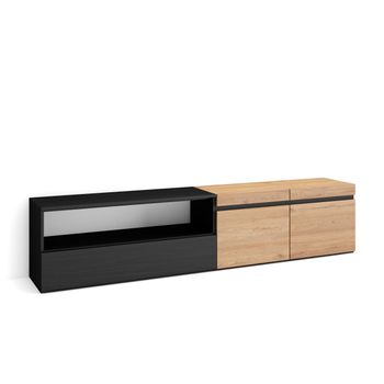 Mueble Tv, Televisión, Muebles De Salón, Almacenaje, 200x45x35cm, Para Tv Hasta 80", Con Almacenamiento, Estilo Moderno, Roble Y Negro