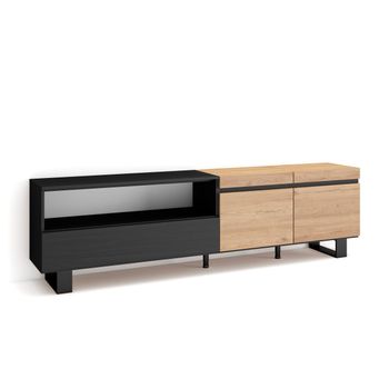 Mueble Tv, Televisión, Muebles De Salón, Almacenaje, 200x57x35cm, Para Tv Hasta 80", Diseño Industrial, Estilo Moderno, Roble Y Negro