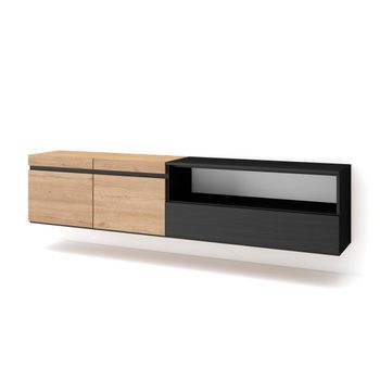 Mueble Tv, Televisión, Muebles De Salón, Almacenaje, 200x45x35cm, Para Tv Hasta 80", Colgado, Suspendido, Estilo Moderno, Roble Y Negro