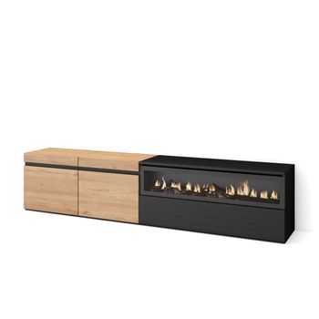 Mueble Tv, Televisión, Muebles De Salón, Almacenaje, 200x45x35cm, Para Tv Hasta 80", Chimenea Eléctrica, Estilo Moderno, Roble Y Negro