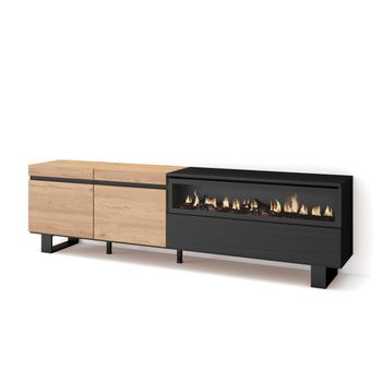 Mueble Tv, Televisión, Muebles De Salón, Almacenaje, 200x57x35cm, Para Tv Hasta 80", Chimenea Eléctrica, Diseño Industrial, Estilo Moderno, Roble Y Negro