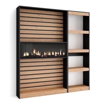 Librería Estantería, Estanteria Libros De Pared, 170x186x25cm, Salón - Comedor - Oficina, Chimenea Eléctrica, Estilo Moderno, Roble Y Negro