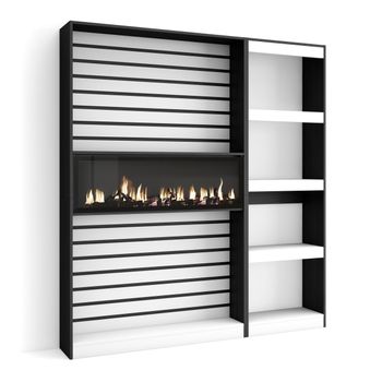 Librería Estantería | Estanteria Libros De Pared | 170x186x25cm | Salón - Comedor - Oficina | Chimenea Eléctrica | Estilo Moderno | Blanco Y Negro