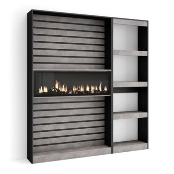 Librería Estantería, Estanteria Libros De Pared, 170x186x25cm, Salón - Comedor - Oficina, Chimenea Eléctrica, Estilo Moderno, Cemento