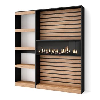 Librería Estantería, Estanteria Libros De Pared, 170x186x25cm, Salón - Comedor - Oficina, Chimenea Eléctrica, Estilo Moderno, Roble Y Negro