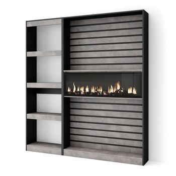 Librería Estantería, Estanteria Libros De Pared, 170x186x25cm, Salón - Comedor - Oficina, Chimenea Eléctrica, Estilo Moderno, Cemento