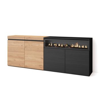 Aparadores Para Salón | Gran Capacidad De Almacenaje | 200x75x35cm | 4 Puertas | Chimenea Eléctrica | Estilo Moderno | Roble Y Negro