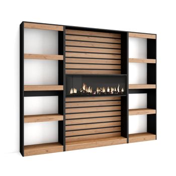 Librería Estantería | Estanteria Libros De Pared | 230x186x25cm | Salón - Comedor - Oficina | Chimenea Eléctrica | Estilo Moderno | Roble Y Negro