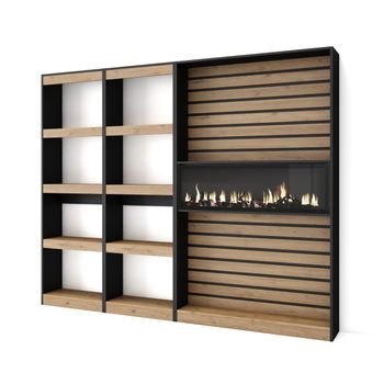 Librería Estantería | Estanteria Libros De Pared | 230x186x25cm | Salón - Comedor - Oficina | Chimenea Eléctrica | Estilo Moderno | Roble Y Negro