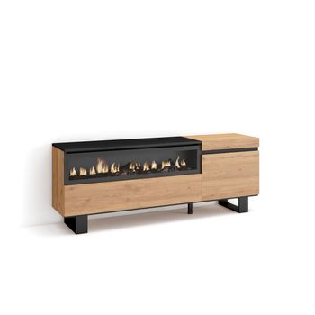 Mueble Tv | Televisión | Muebles De Salón, Almacenaje | 150x57x35cm | Para Tv Hasta 65" | Chimenea Eléctrica | Diseño Industrial | Estilo Moderno | Roble Y Negro