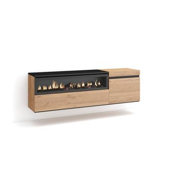 Mueble Tv, Televisión, Muebles De Salón, Almacenaje, 150x45x35cm, Para Tv Hasta 65", Chimenea Eléctrica, Colgado, Suspendido, Estilo Moderno, Roble Y Negro